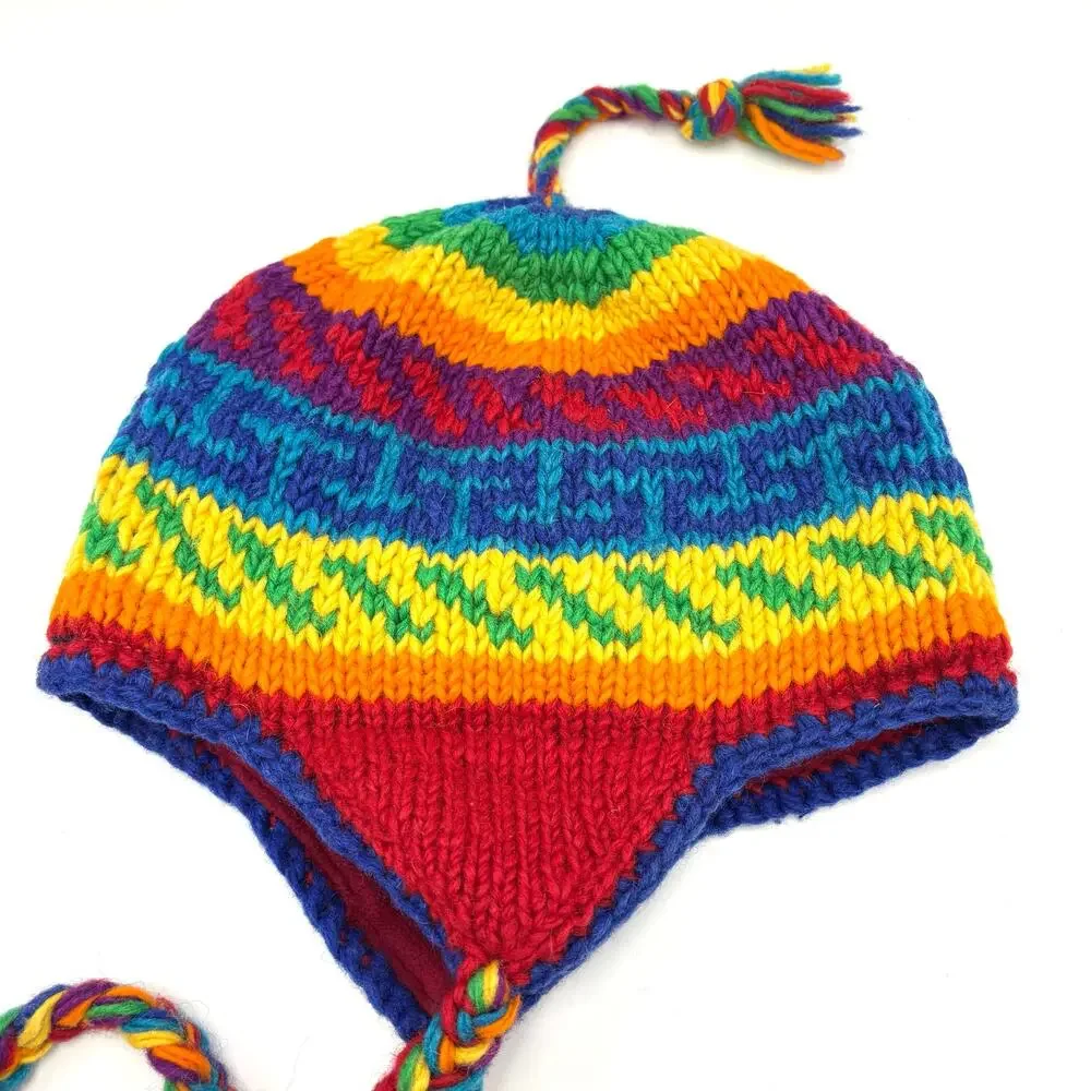 Rainbow Striped Wool Sherpa Hat Earflap Beanie Toque Toboggan Stocking Cap Nepal